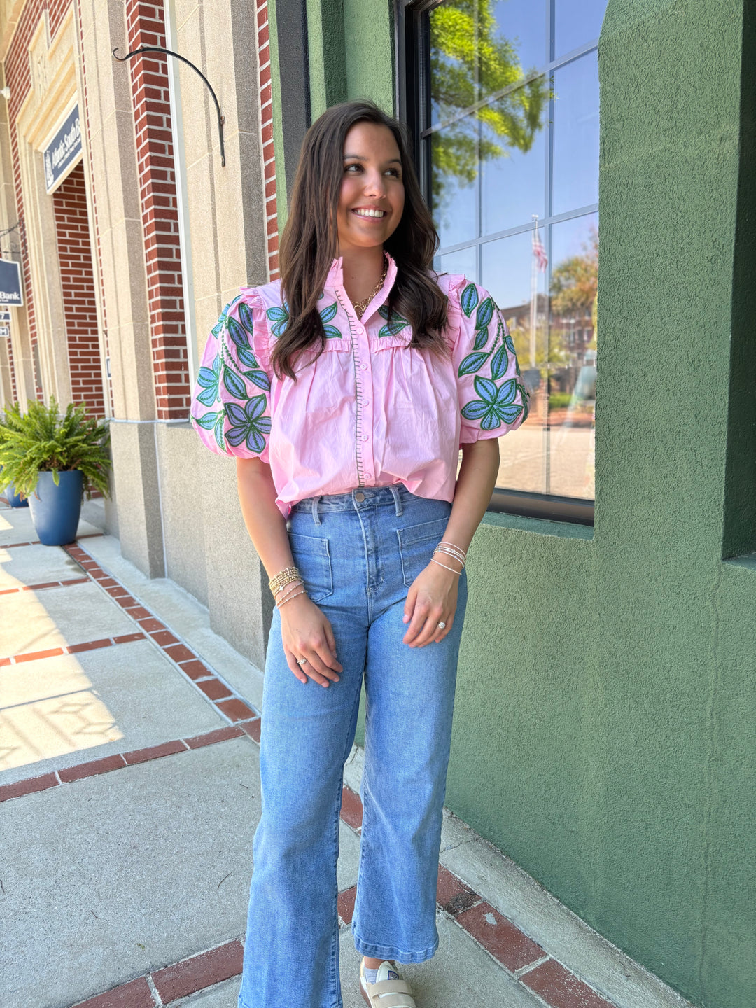Pink Embroidered Poplin Top