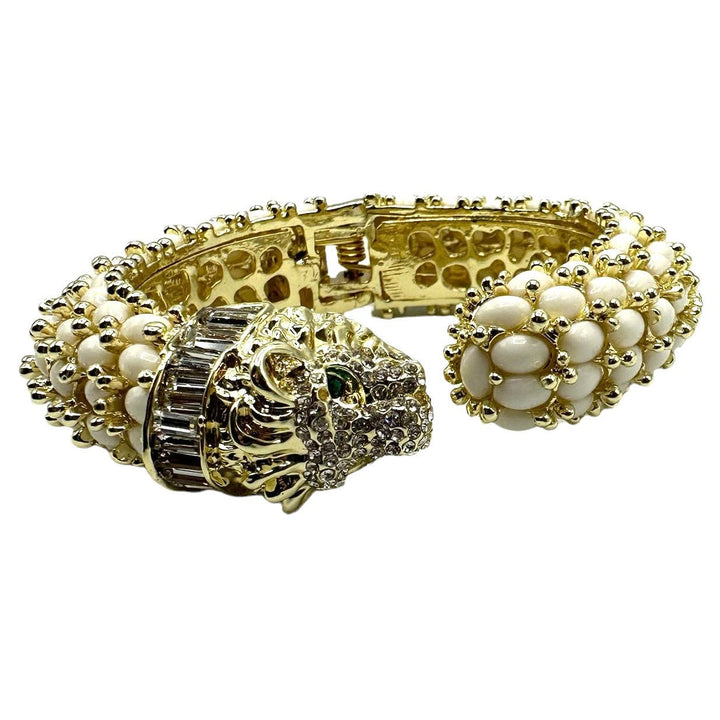 Beaded Leopard Hinged Bracelet in White