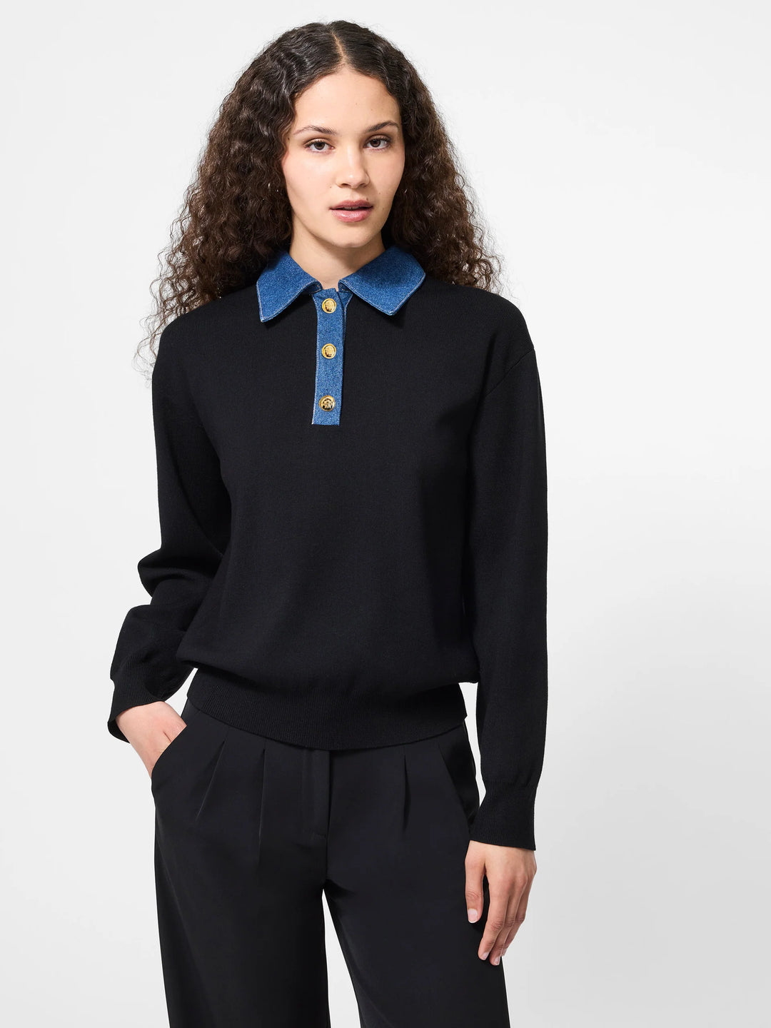 Denim and Knit Collared Sweater