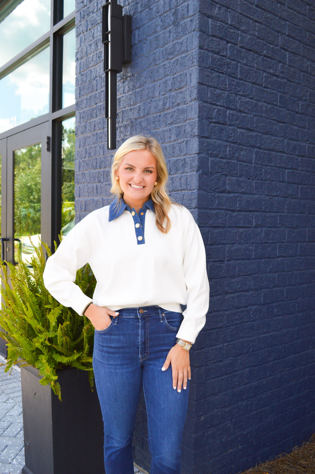 Denim-Collared Knit Top