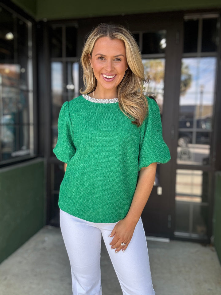 Pearl Trim Green Top