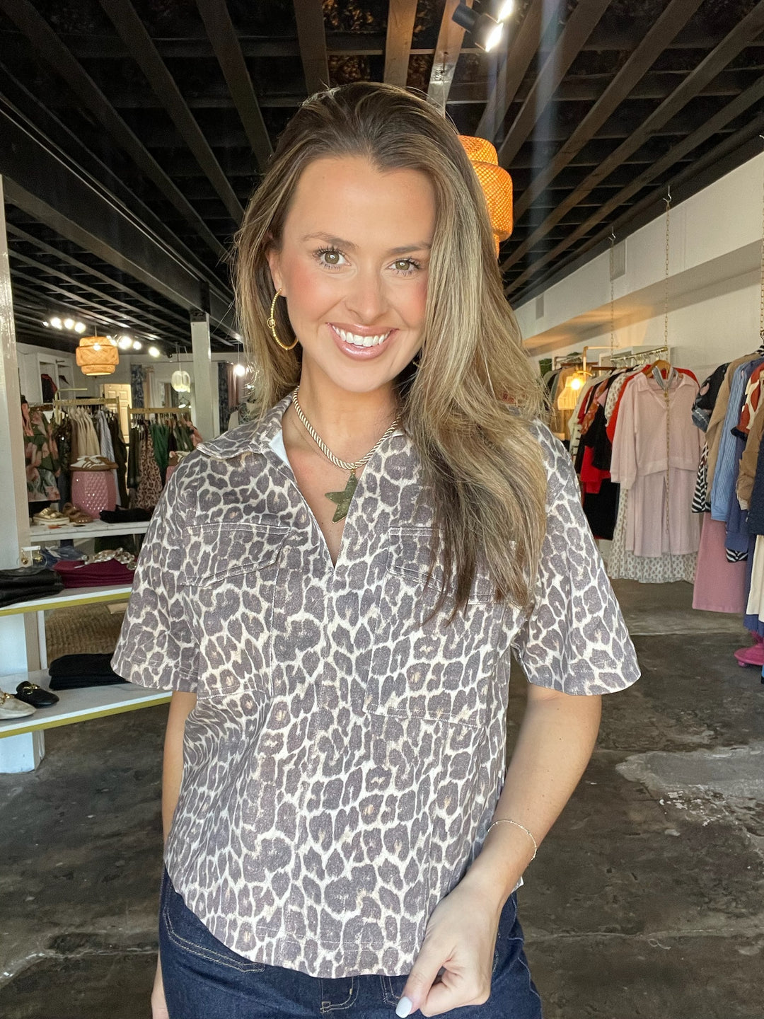 Leopard Denim Pocket Top