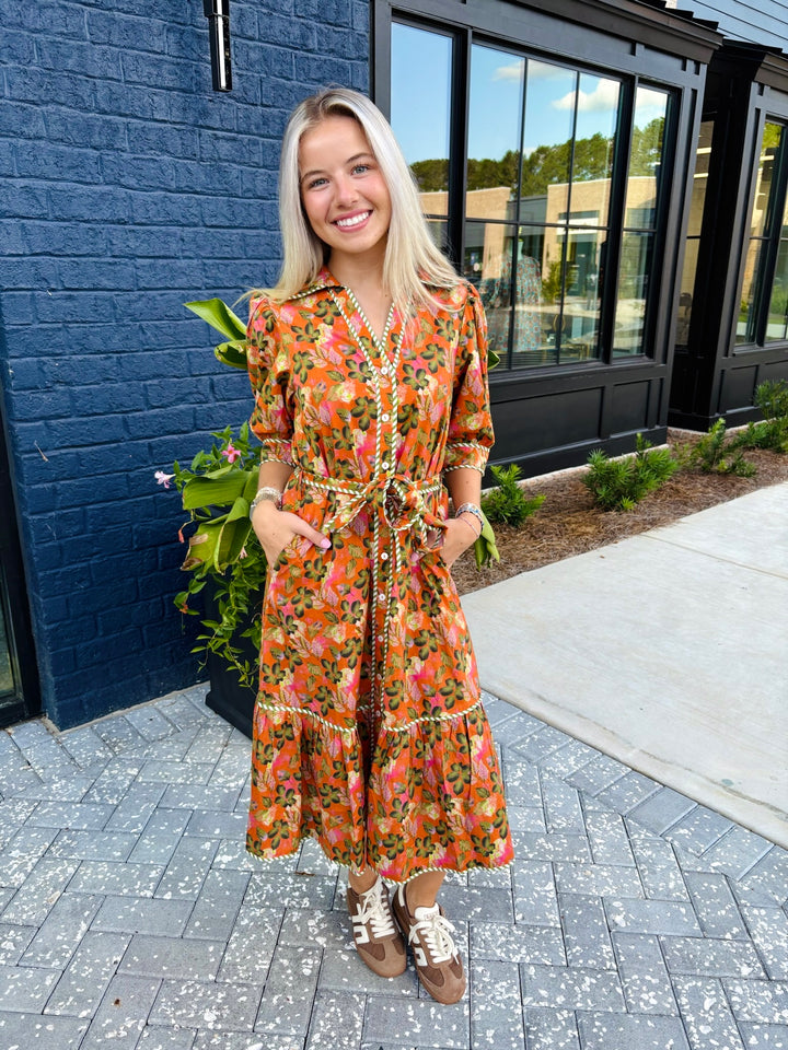 Puff Sleeve Print Midi Dress