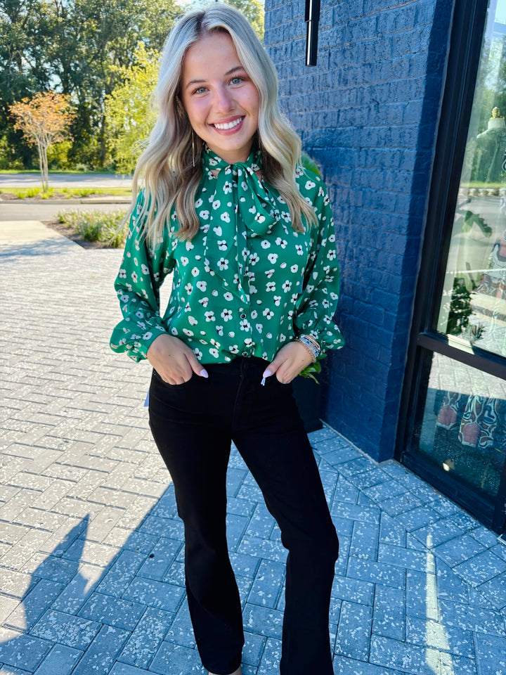 Green Floral Tie Blouse