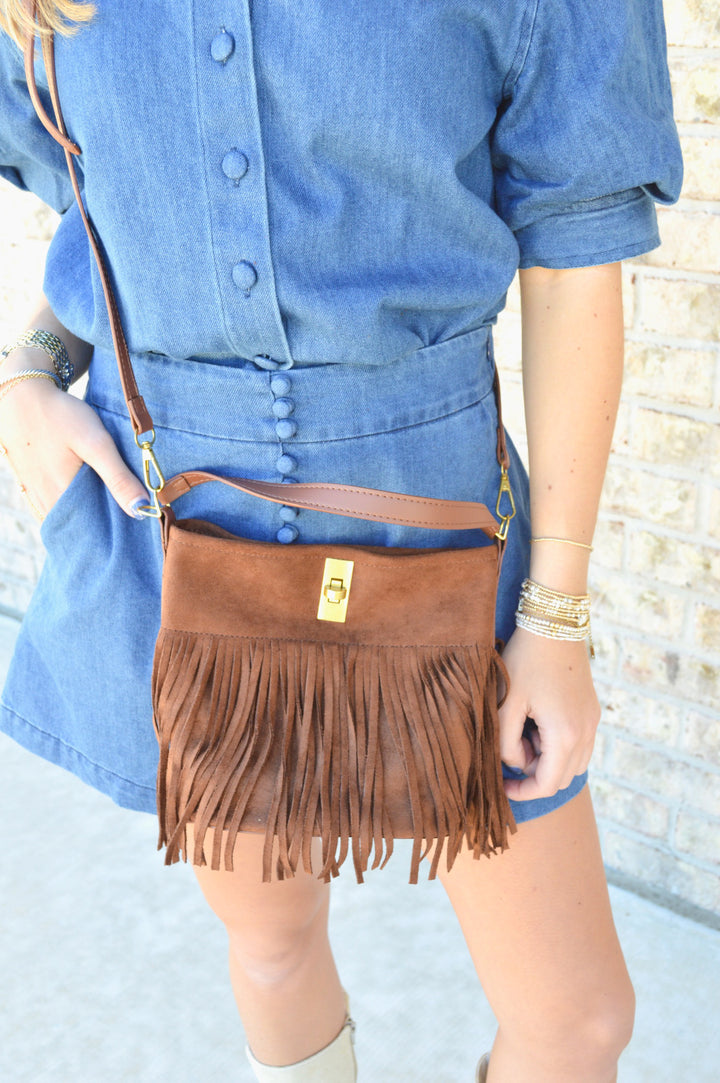 Fringe Accent Shoulder Crossbody Bag in Brown