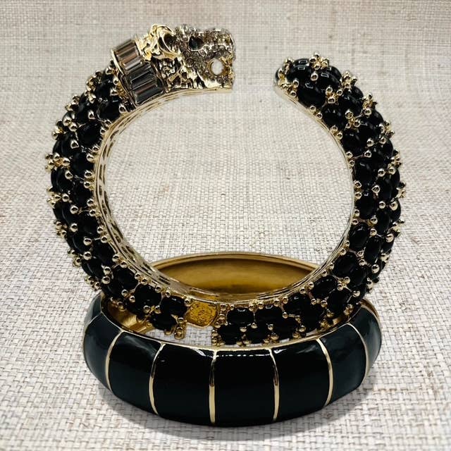 Beaded Leopard Hinged Bracelet in Black