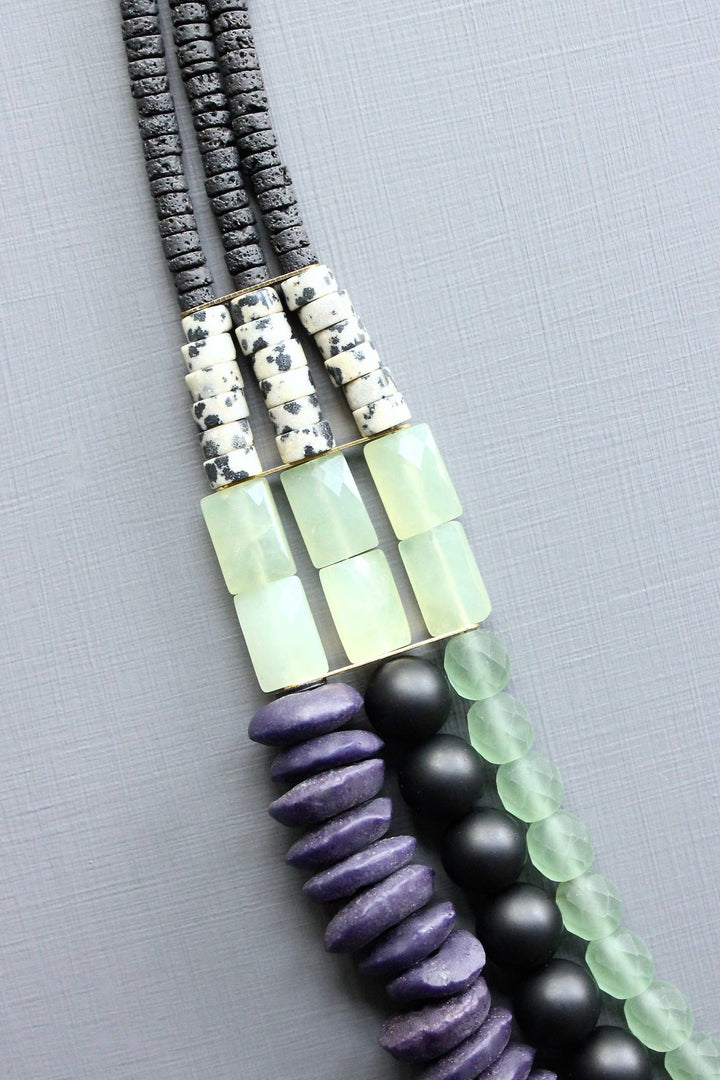 Triple strand purple and green necklace