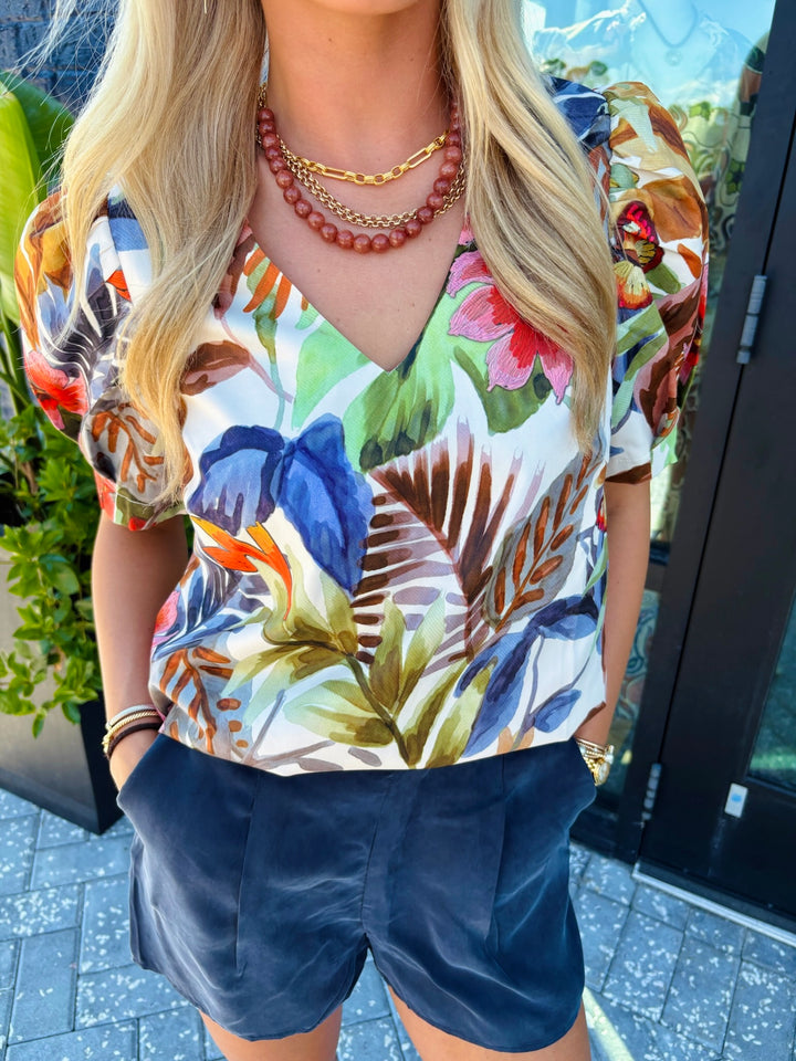 Leaf Mosaic Puff Sleeve Top