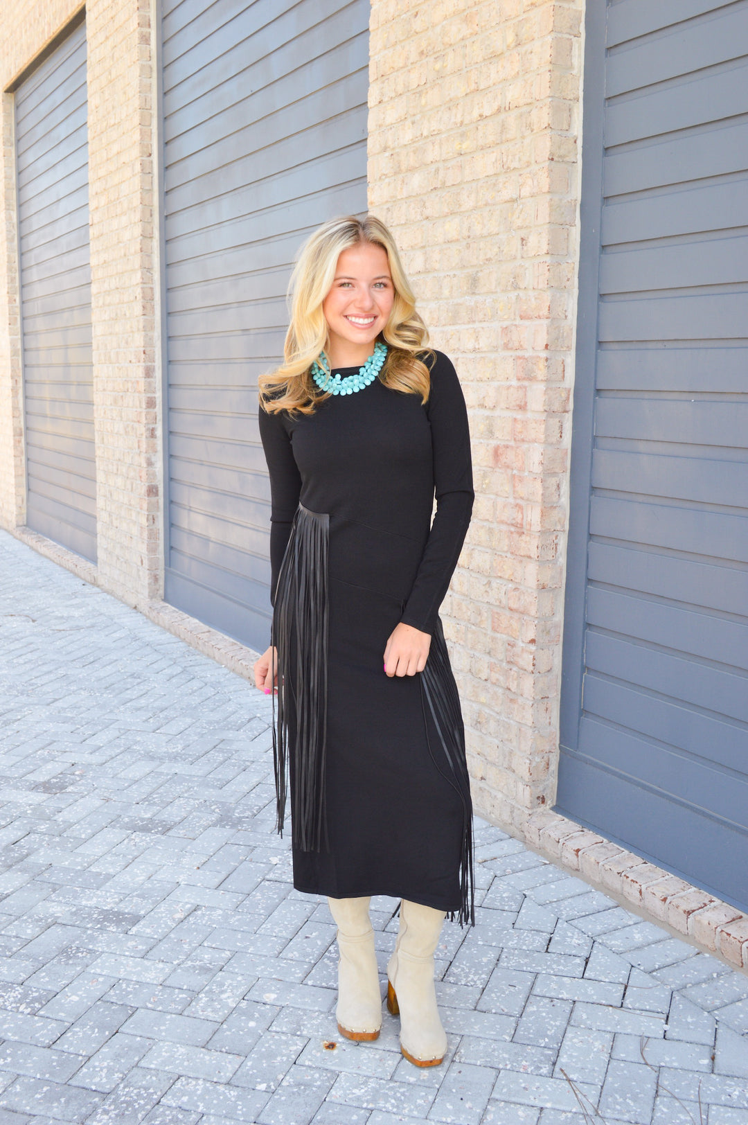 Black Fringe Long Sleeve Dress
