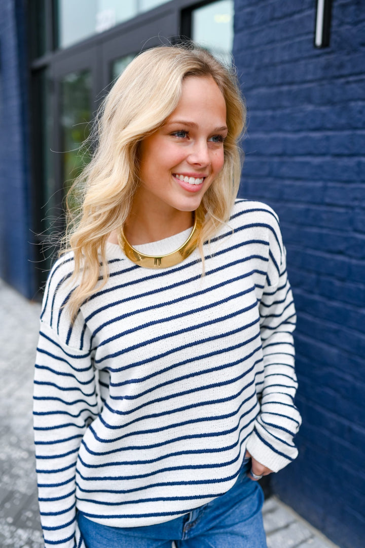 Off White Navy Striped Sweater