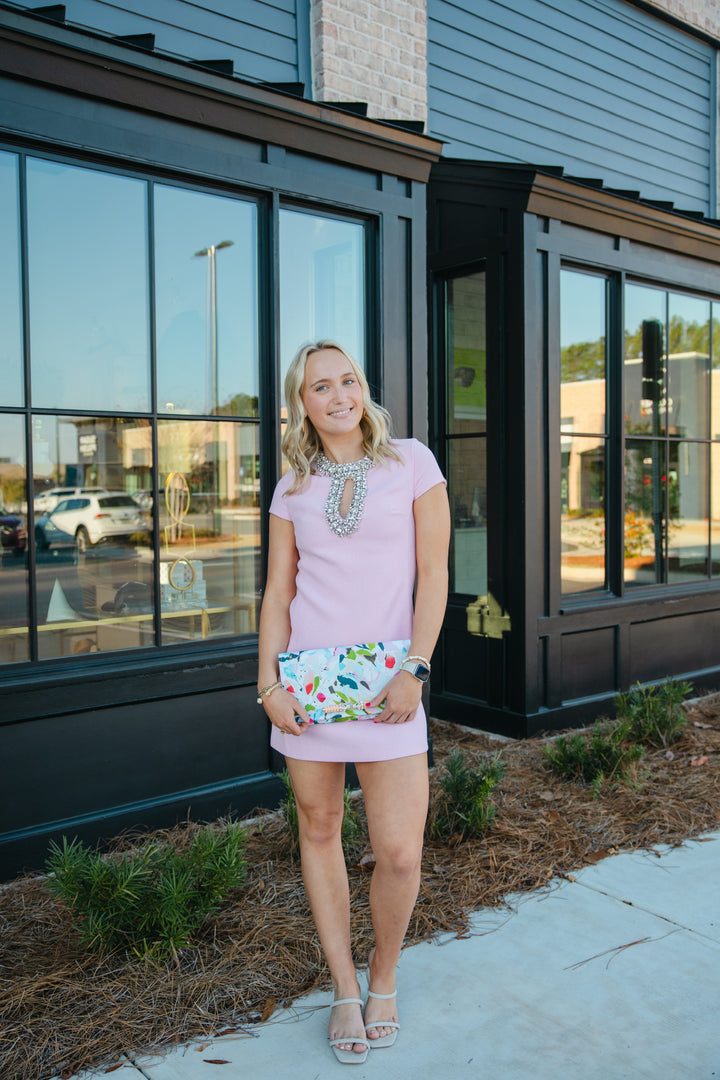 Jewel Trim Baby Pink Mini Dress
