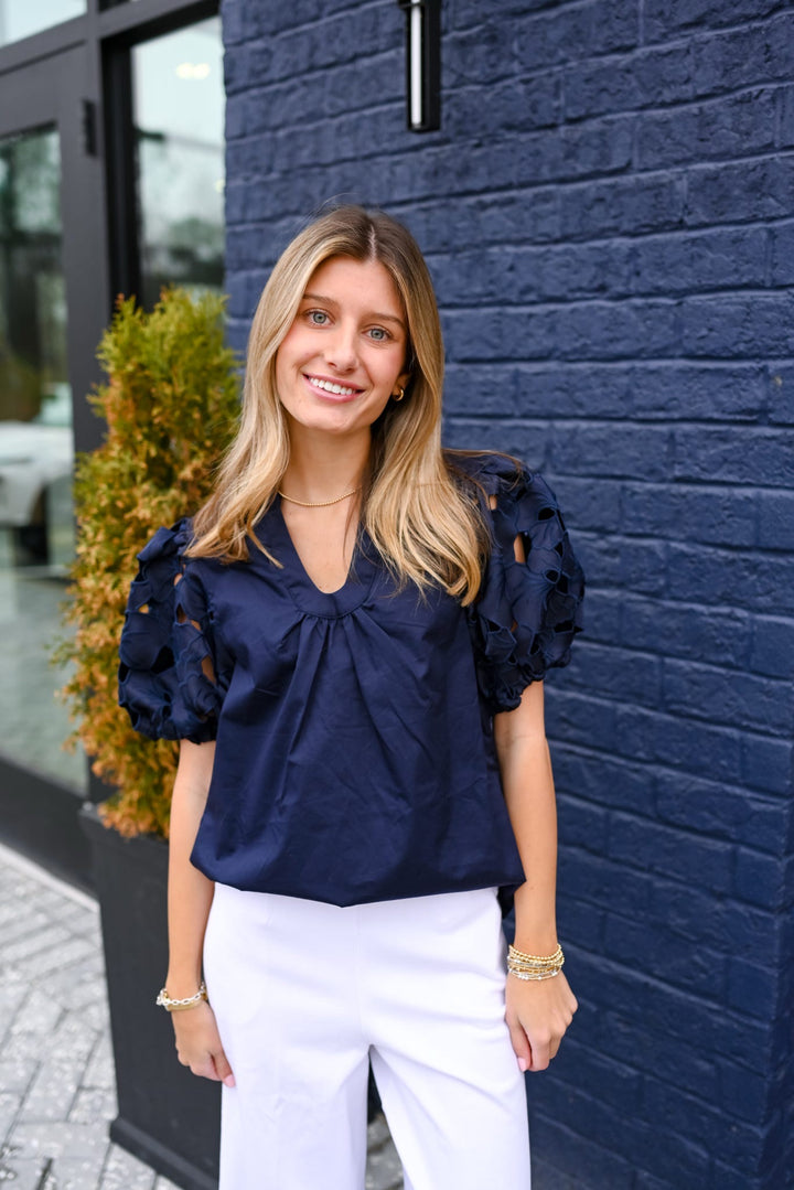 Navy Eyelet Sleeve V-Neck Top