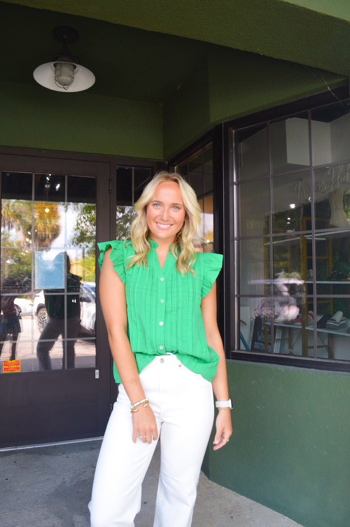 Green Flutter Sleeve Button Down Top