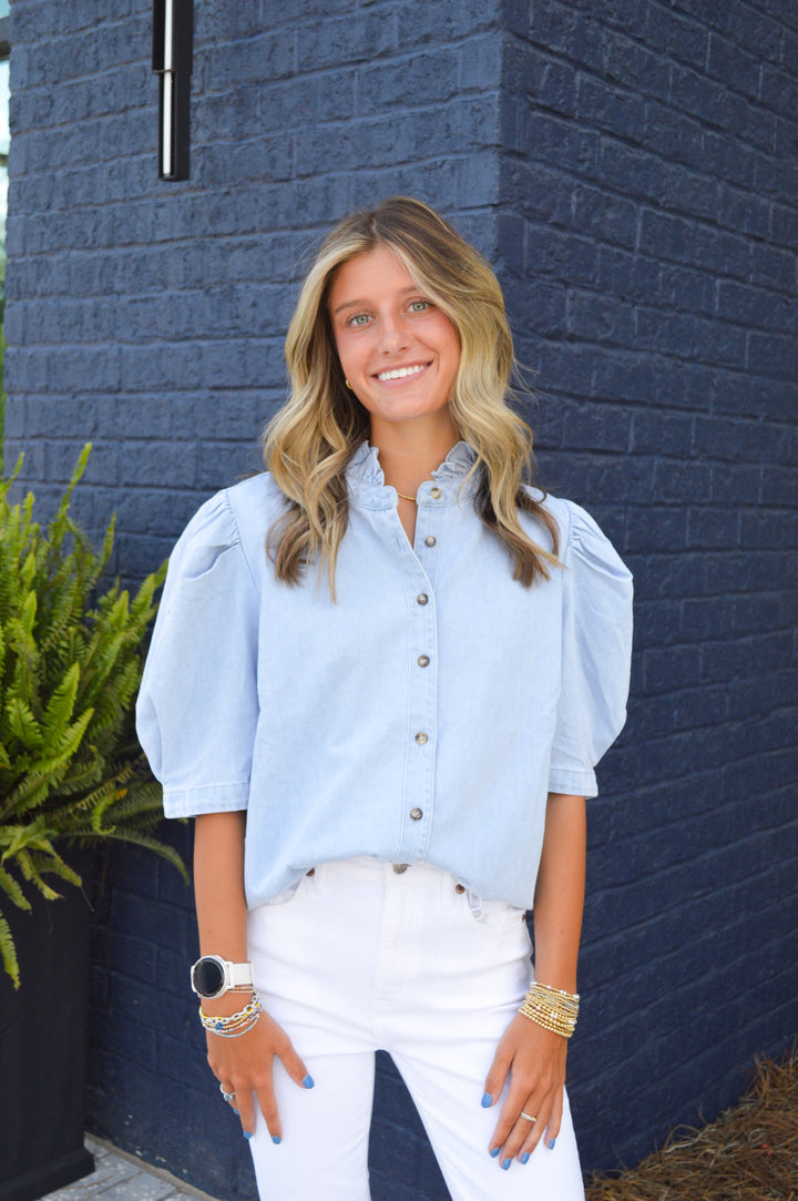 Denim Ruffle Neck Button Top