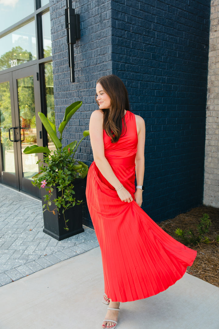 Red Pleated Maxi Dress