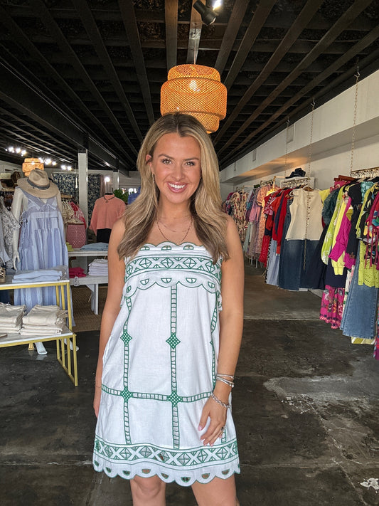 Green Embroidered Mini Dress