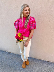 Pink Embroidered Floral Top
