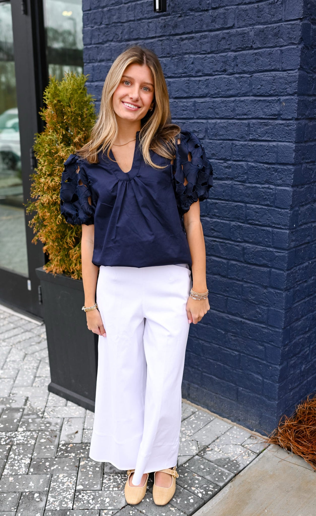 Navy Eyelet Sleeve V-Neck Top