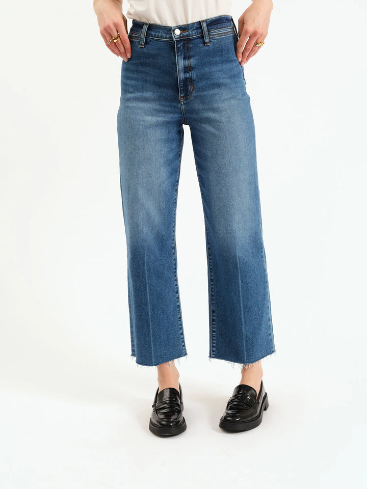 Pleaser High Rise Wide Ankle With Welt Pocket in Indigo Wave - Daze Denim