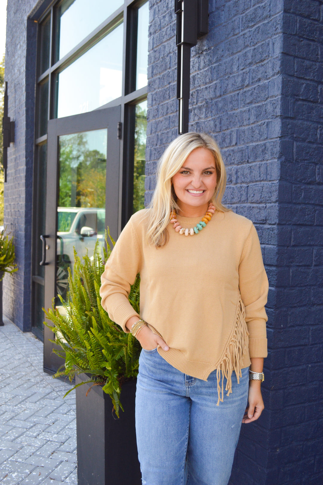 Tan Fringe Crewneck Sweater