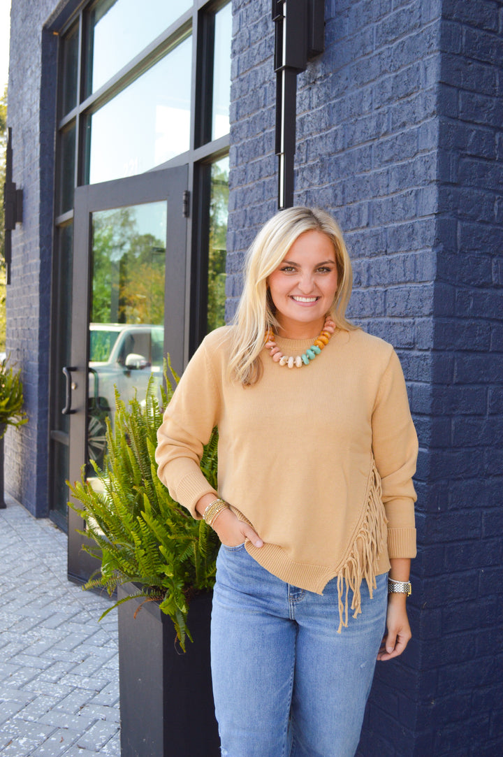 Tan Fringe Crewneck Sweater