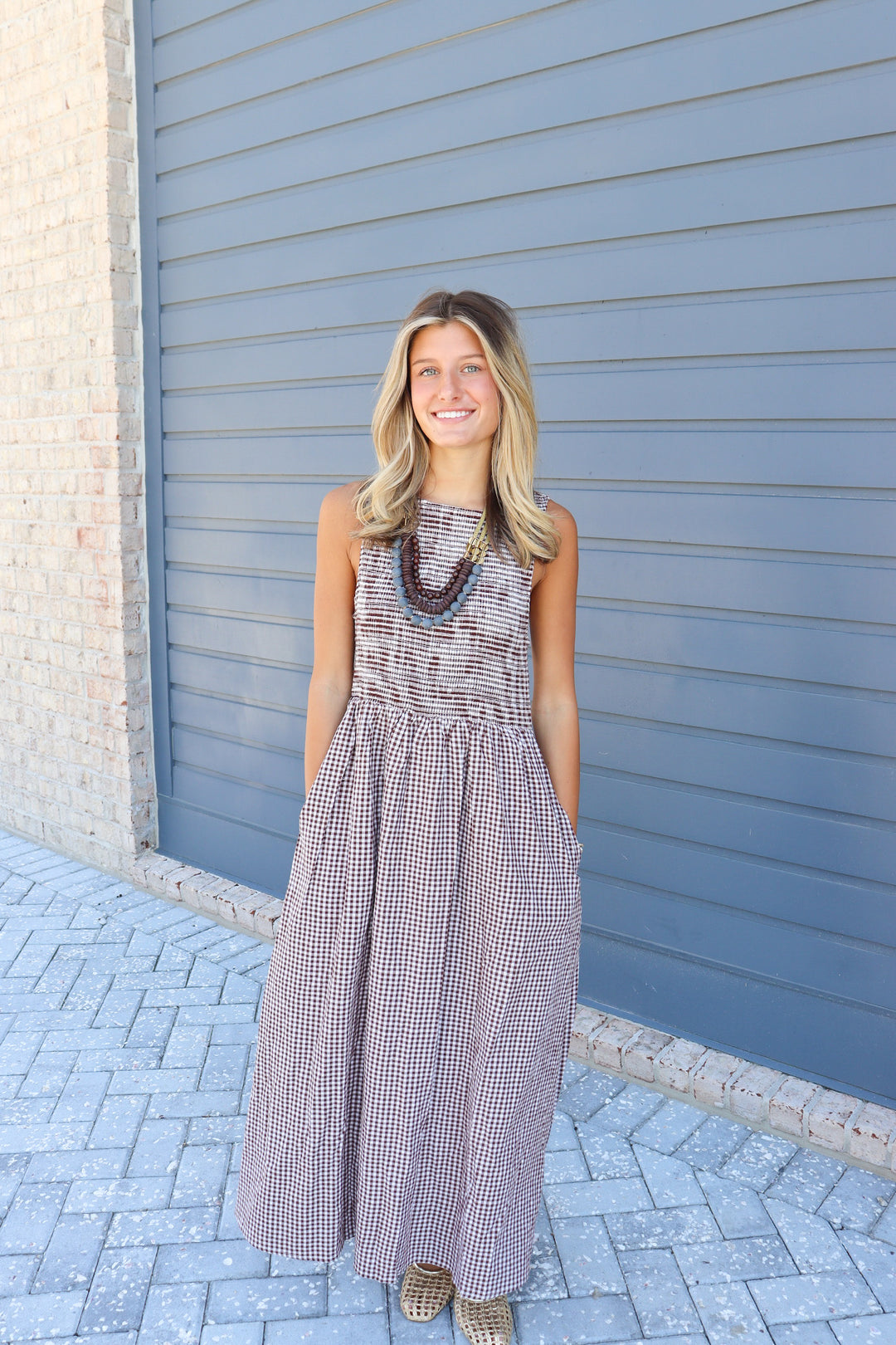 Smocked Brown Gingham Maxi Dress