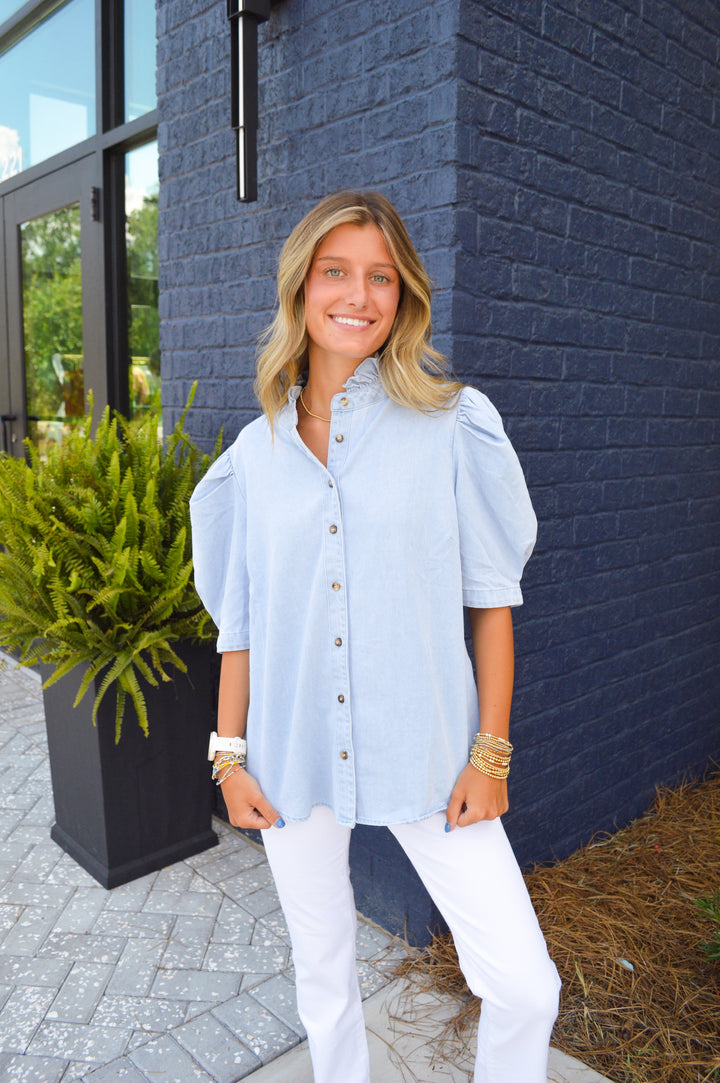 Denim Ruffle Neck Button Top
