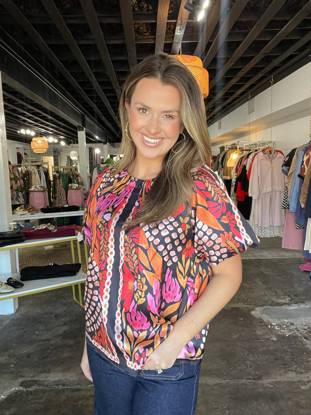 Paved Petals Pleated Puff Sleeve Top