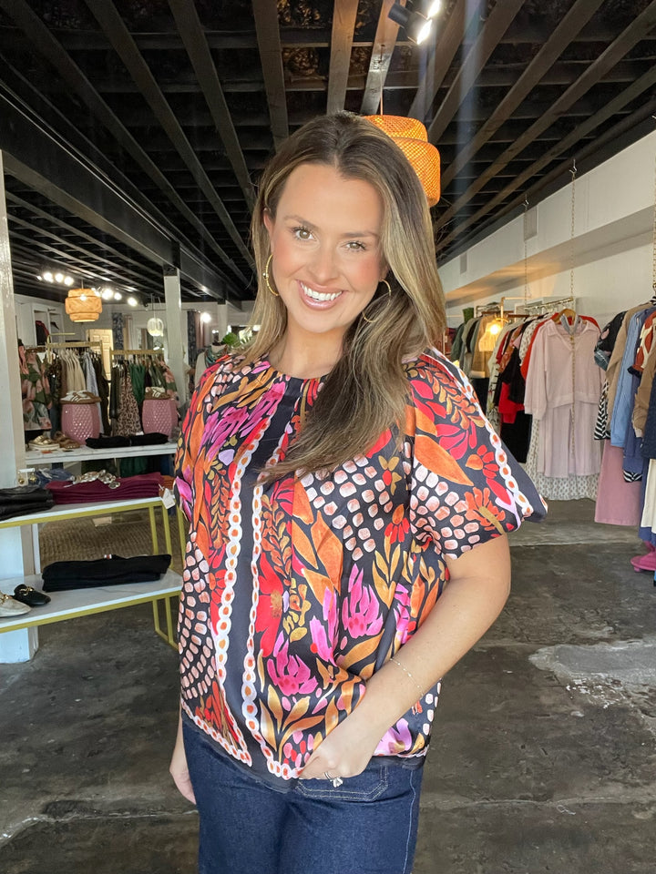 Paved Petals Pleated Puff Sleeve Top