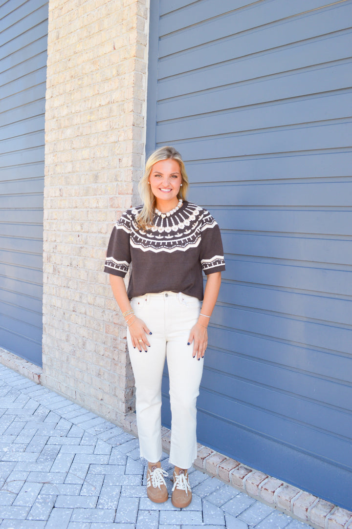 Brown Patterned Short Sleeve Sweater