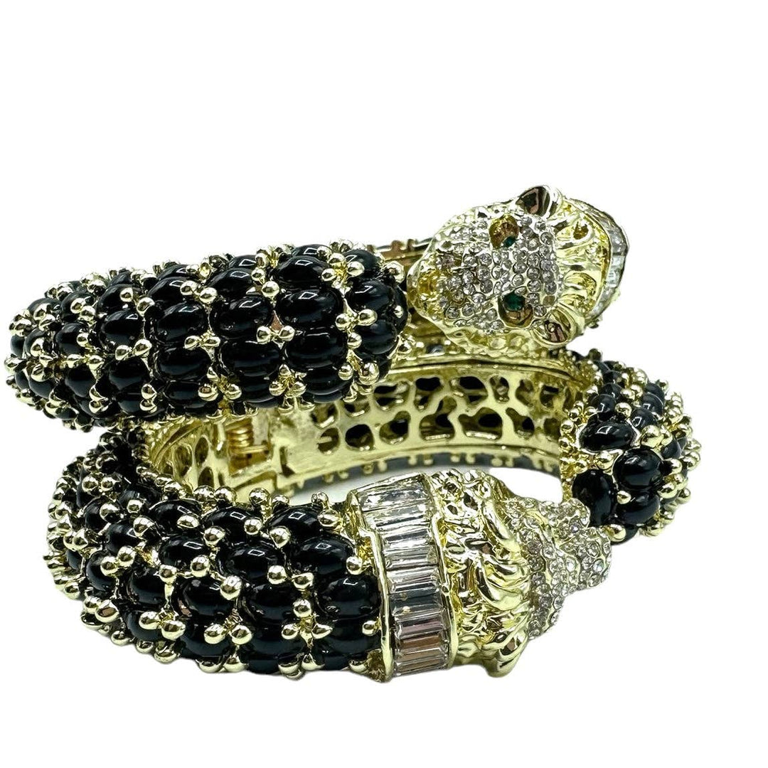 Beaded Leopard Hinged Bracelet in Black