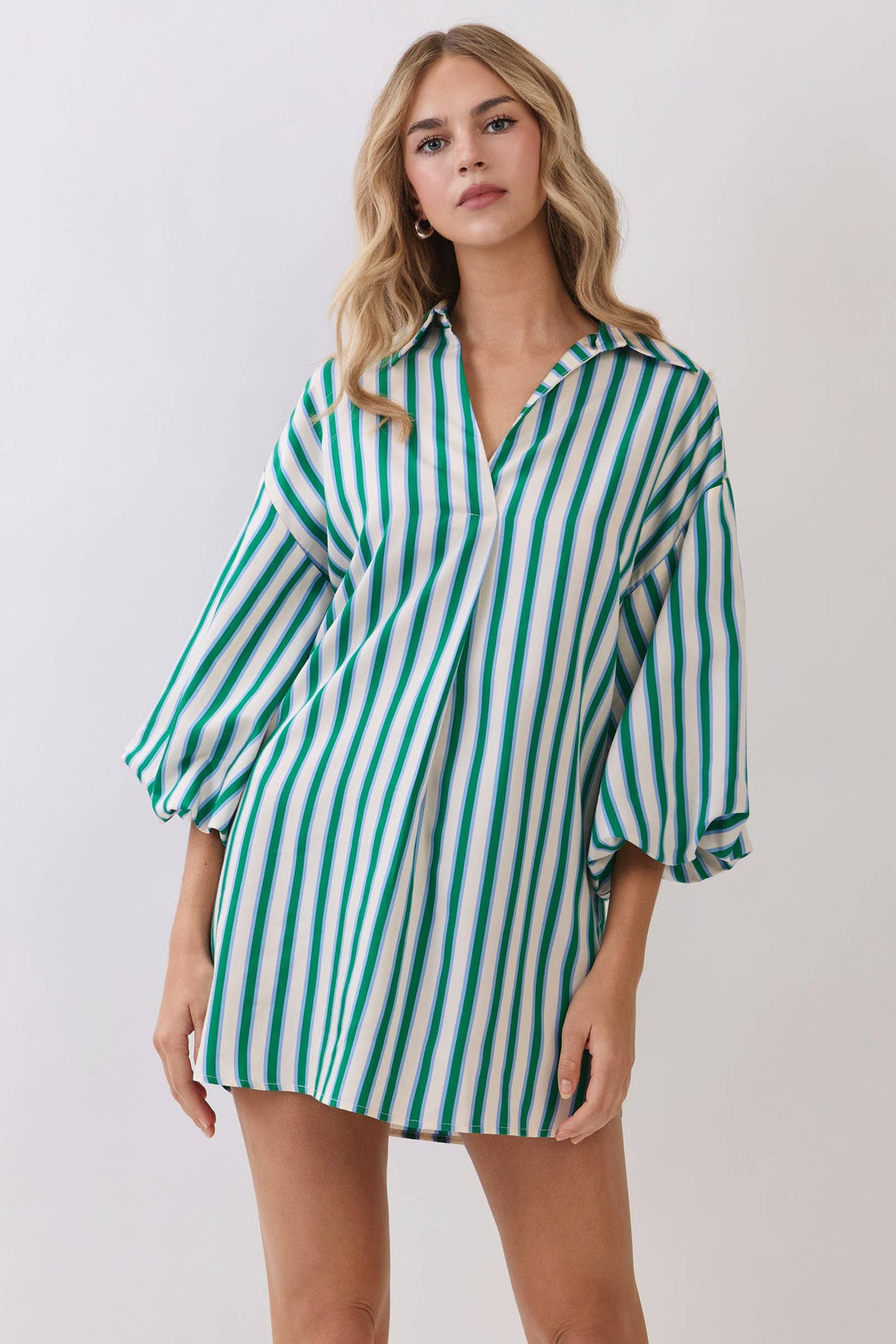 Balloon Sleeve Green Stripe Mini Dress