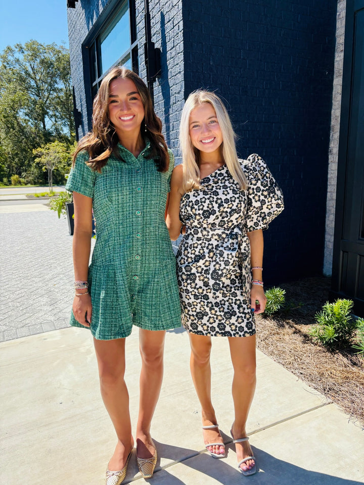 Green Pleated Hem Button Dress