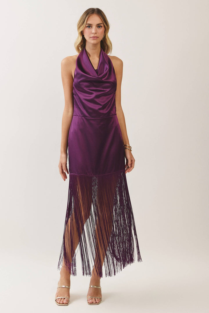 Satin Cowl Neck Fringe Halter Midi Dress