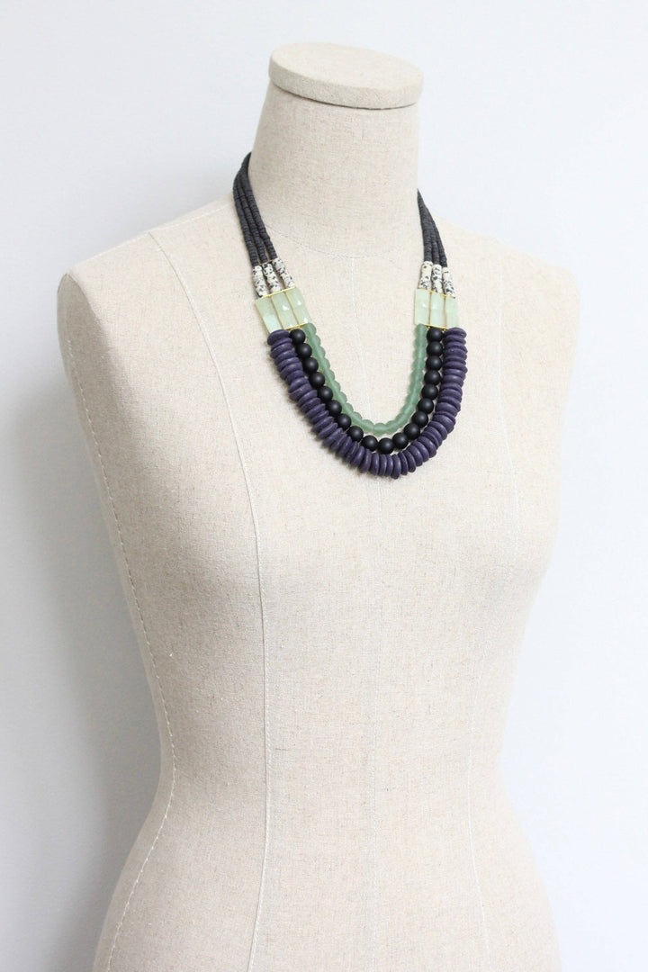 Triple strand purple and green necklace