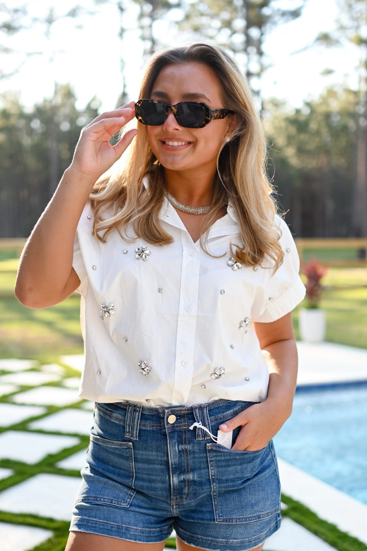 White Poplin Jeweled Top