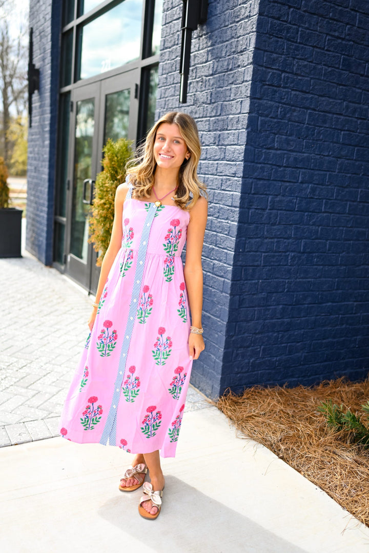 Pink Floral Tie Strap Midi Dress