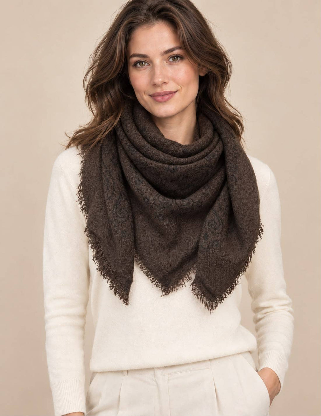 Square wool scarf with paisley pattern in Café