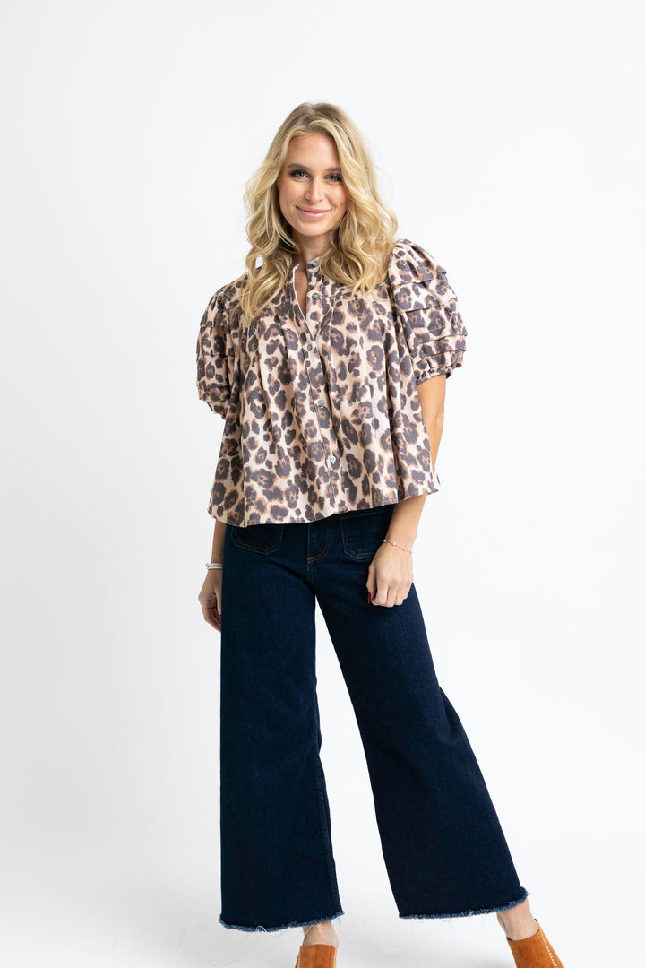 Denim Leopard Pleated Sleeve Top