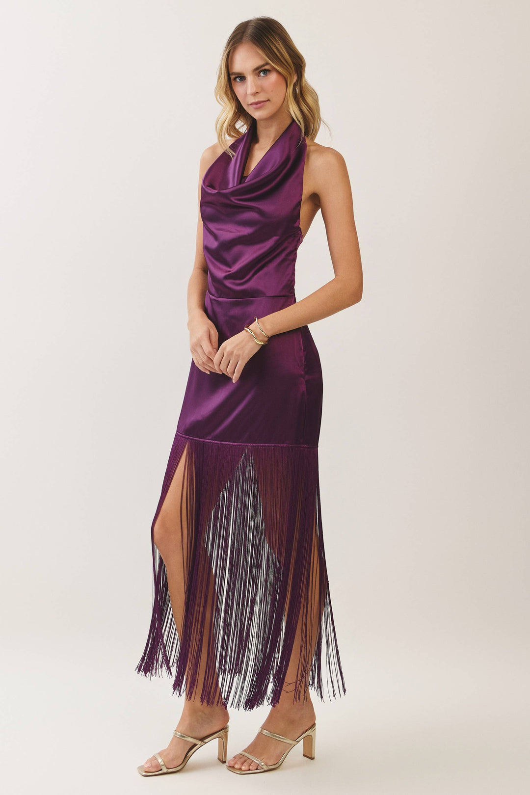 Satin Cowl Neck Fringe Halter Midi Dress