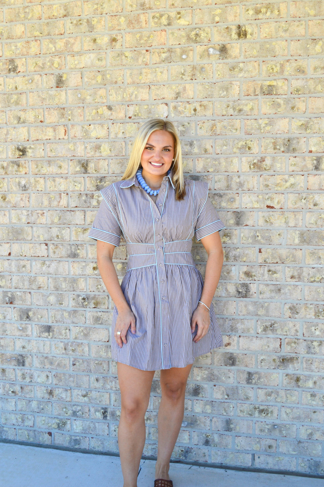 Brown Stripe Poplin Button Shirt Dress