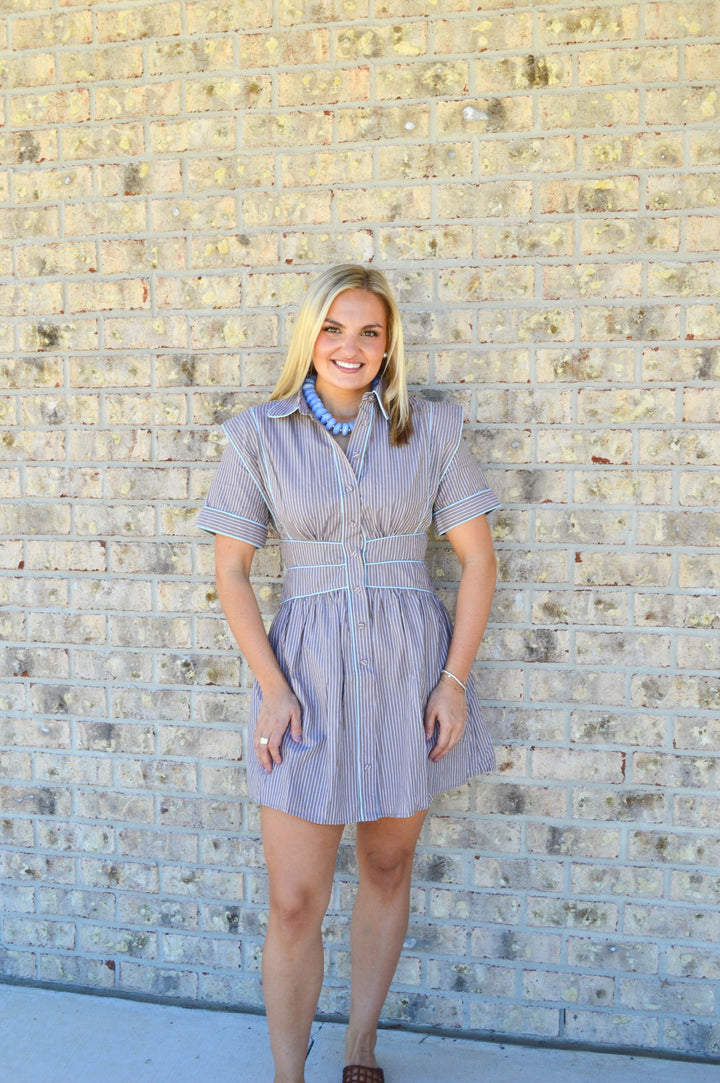 Brown Stripe Poplin Button Shirt Dress