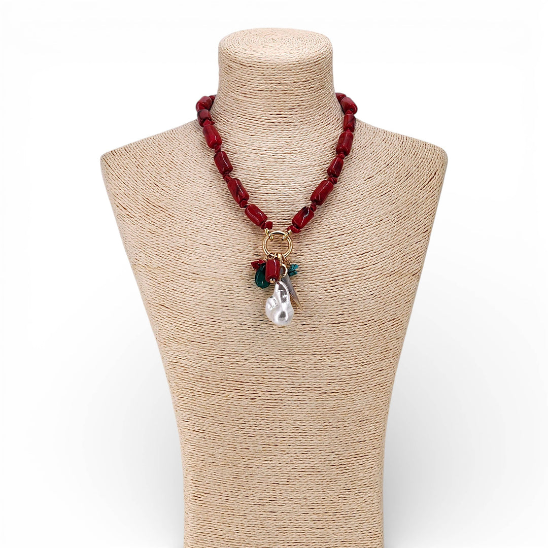 Red Coral & Pearl Beaded Charm Necklace