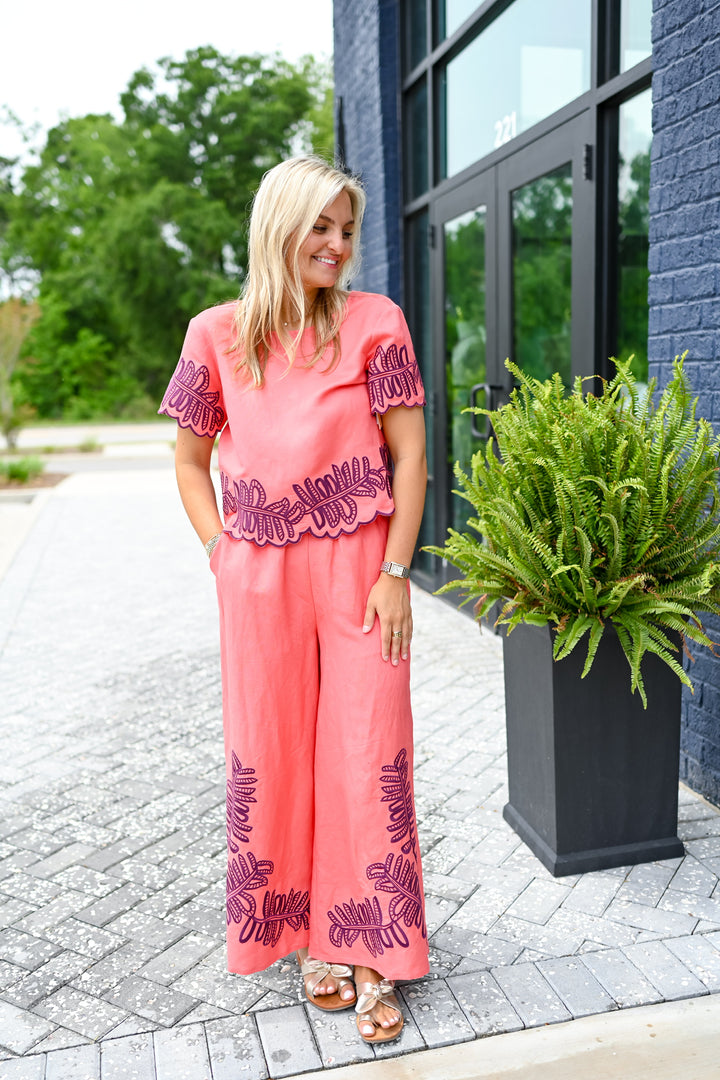 Coral Palm Embroidered Pants