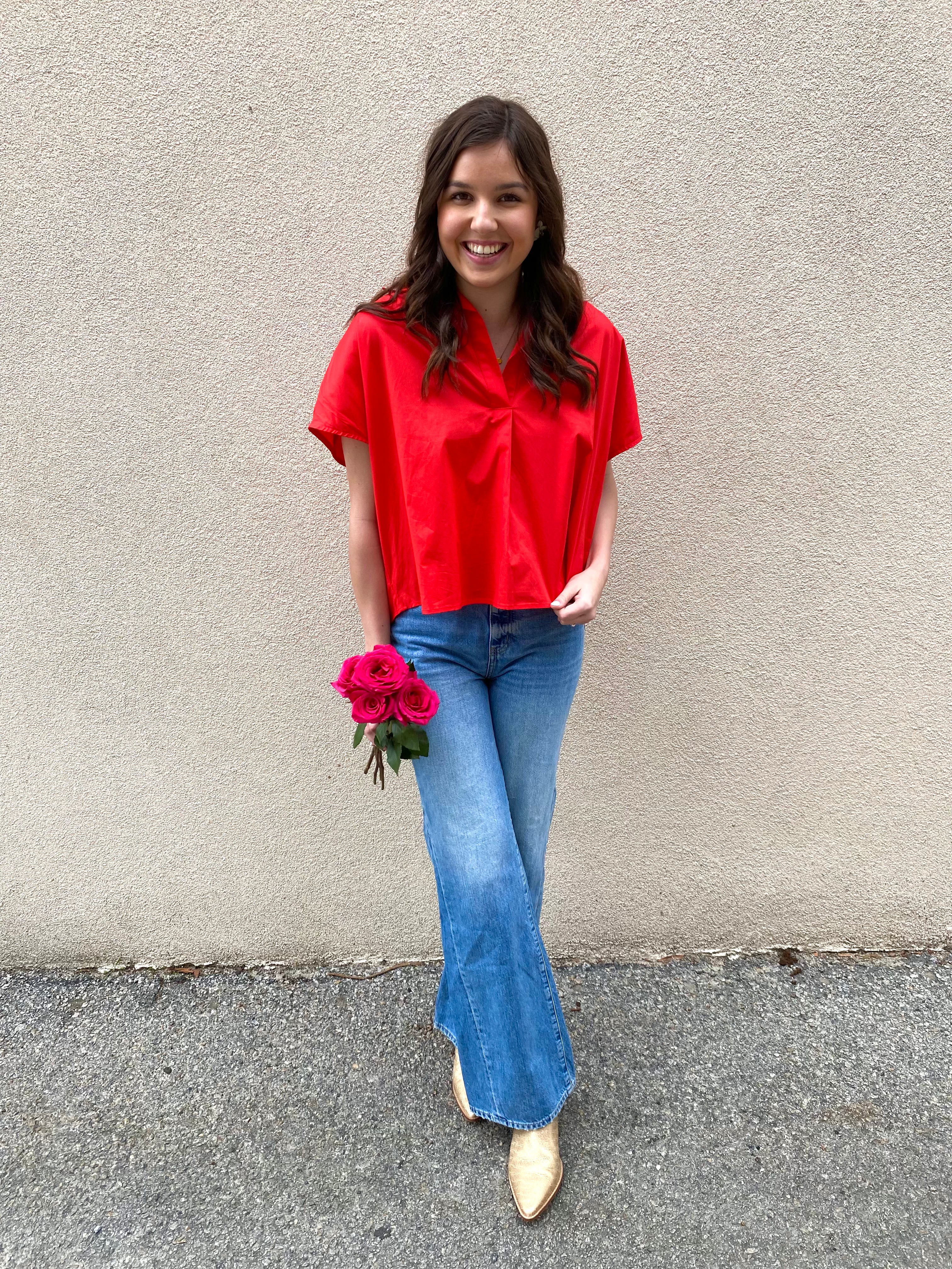 Red Solid Poplin Top