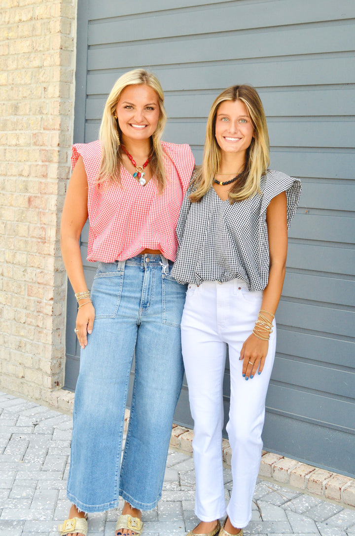 Poplin V-Neck Gingham Sleeveless Top