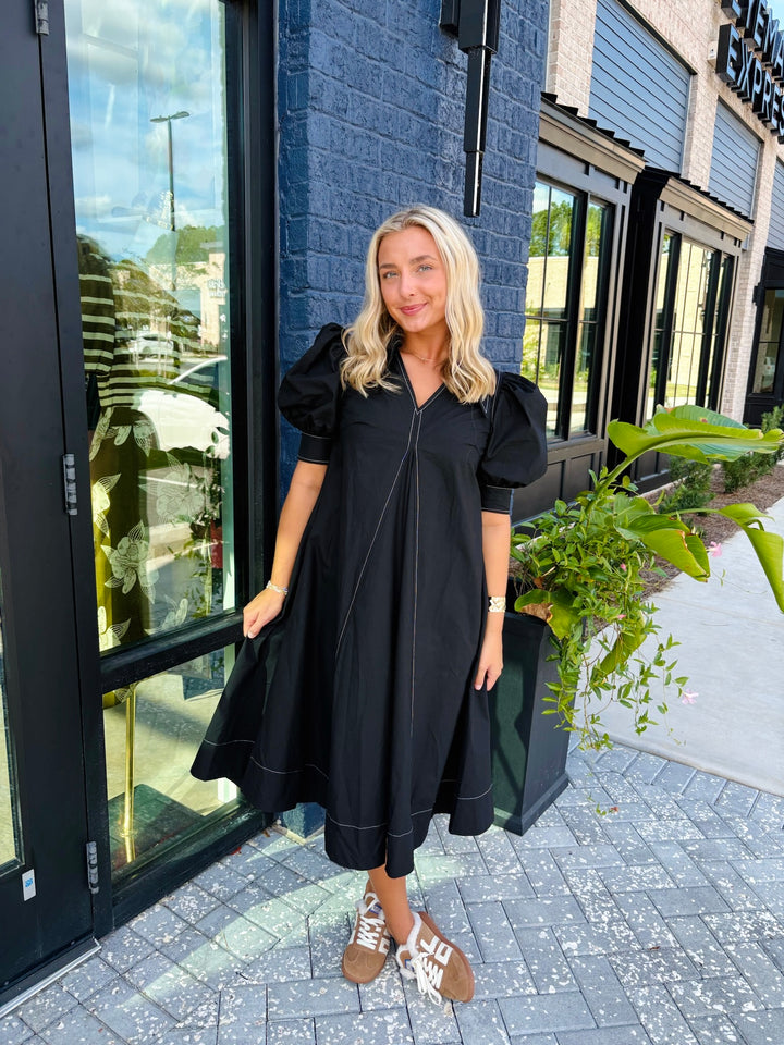 Black Contrast Stitched Midi Dress