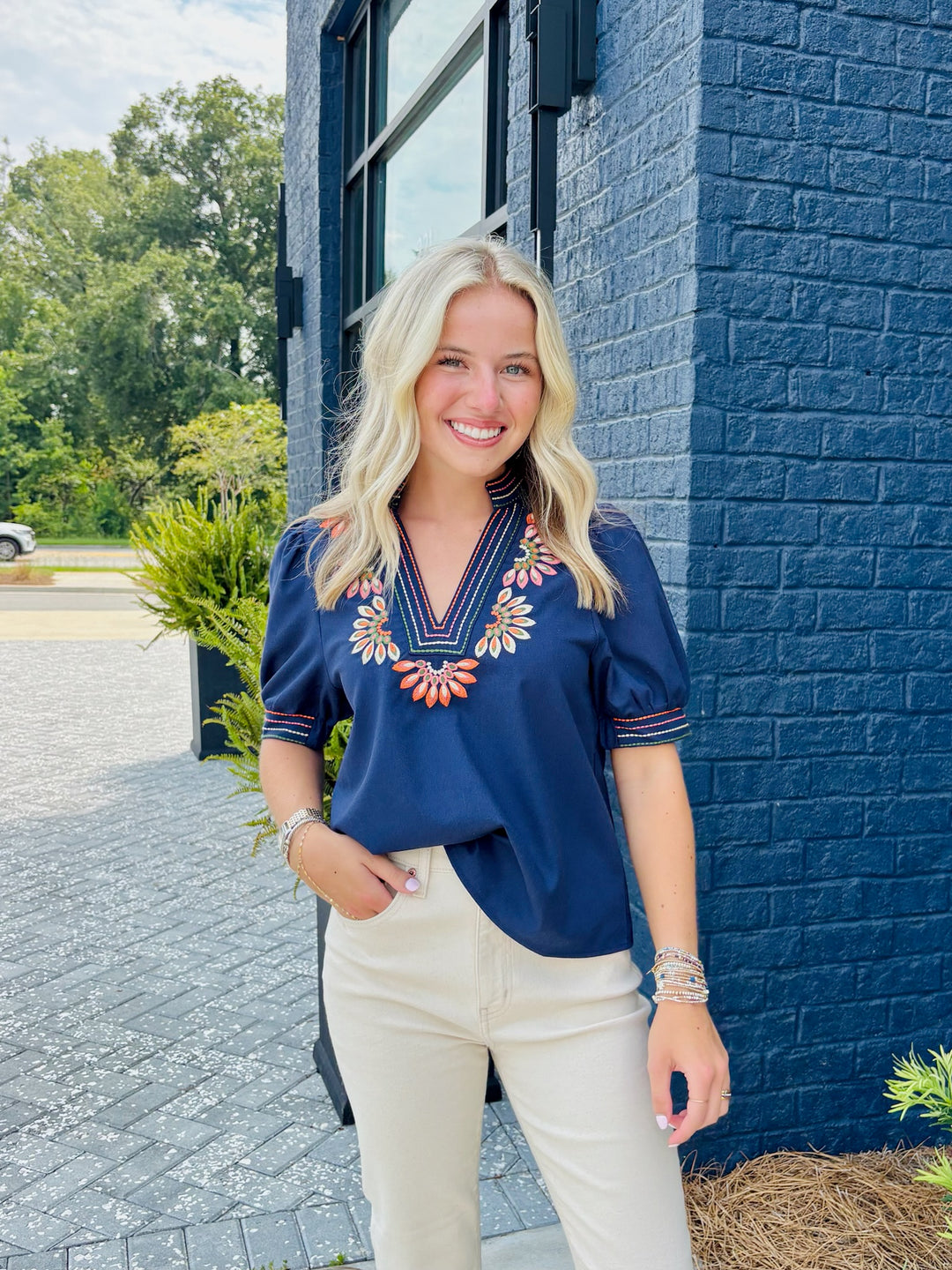 Navy Embroidered Sleeve Top