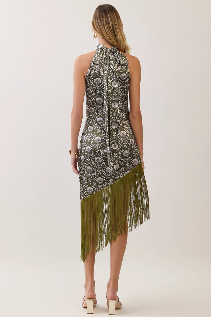 Floral Print Halter Fringe Midi Dress