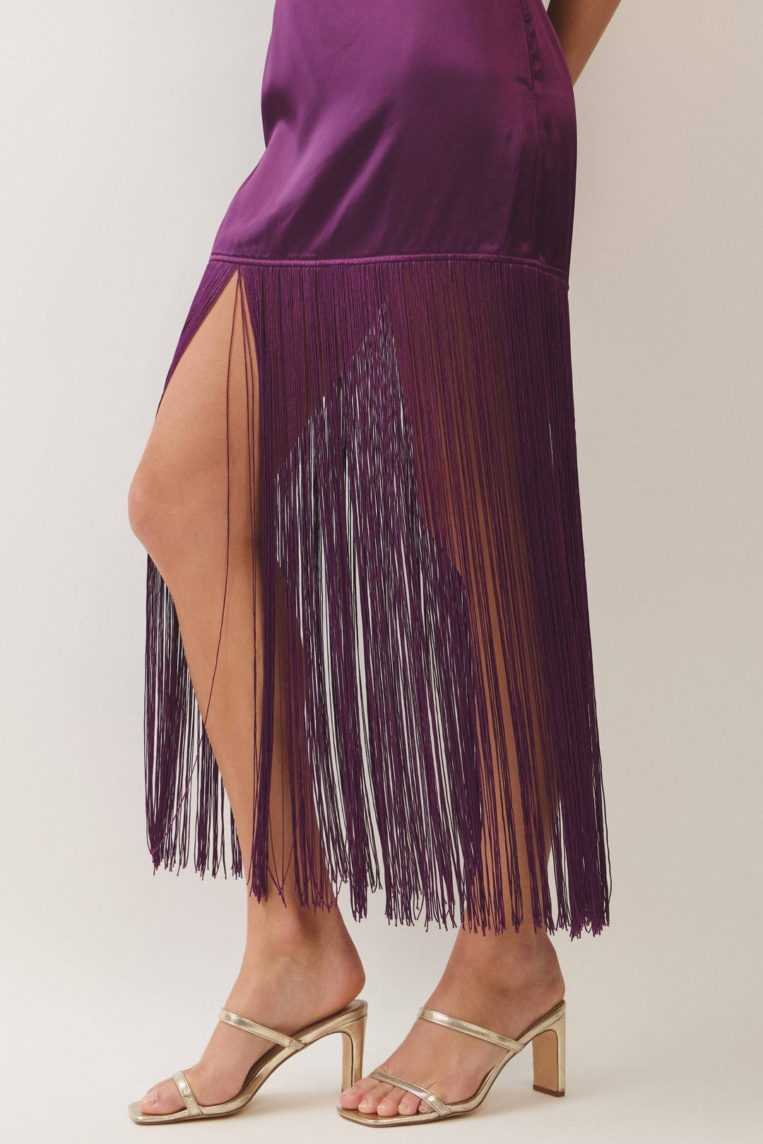 Satin Cowl Neck Fringe Halter Midi Dress